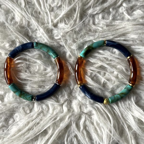 Tube armband turquoise/donkerblauw/bruin (met zilver -/of goudkleur)